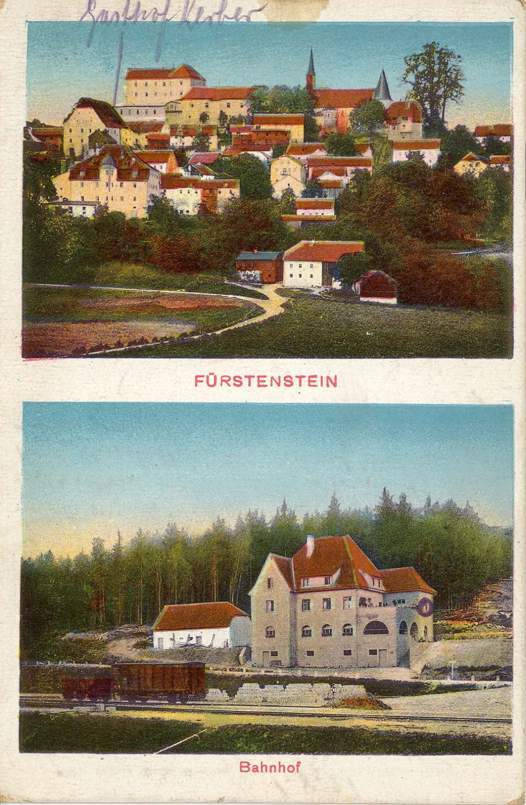 Ortsansicht und Bahnhof um 1921.