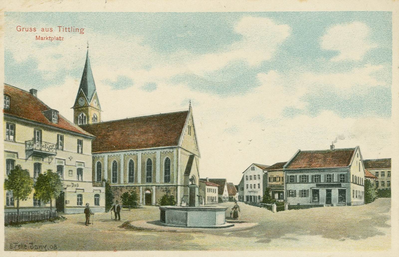 Eine Künstlerkarte vom Tittlinger Marktplatz.